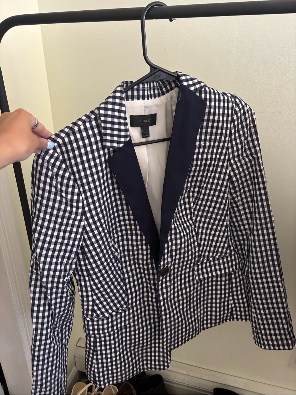 J. Crew Navy and White Gingham Blazer with Contrast Trim